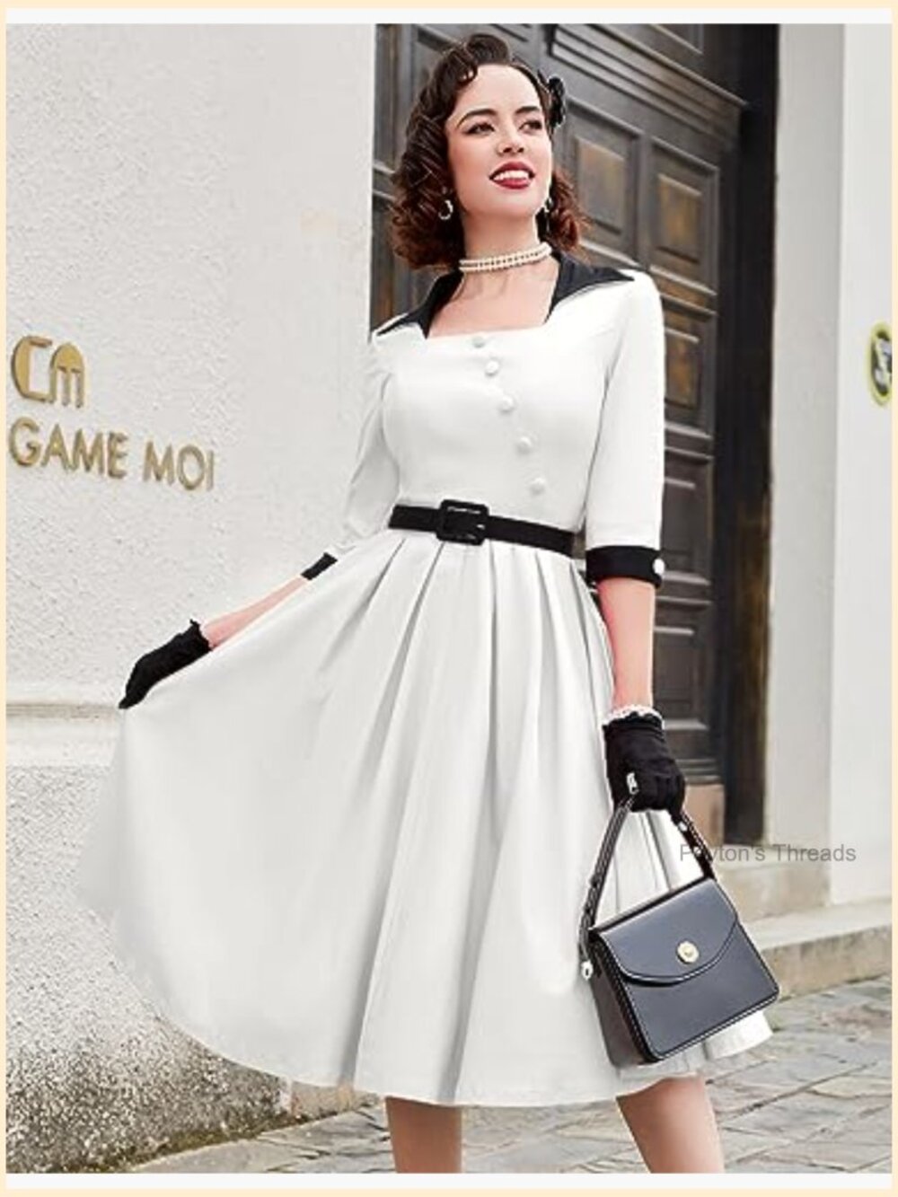 Vintage 50s Retro Swing Midi Dress 3/4 Sleeve Square Neck Cocktail Wedding Guest - Picture 2 of 7